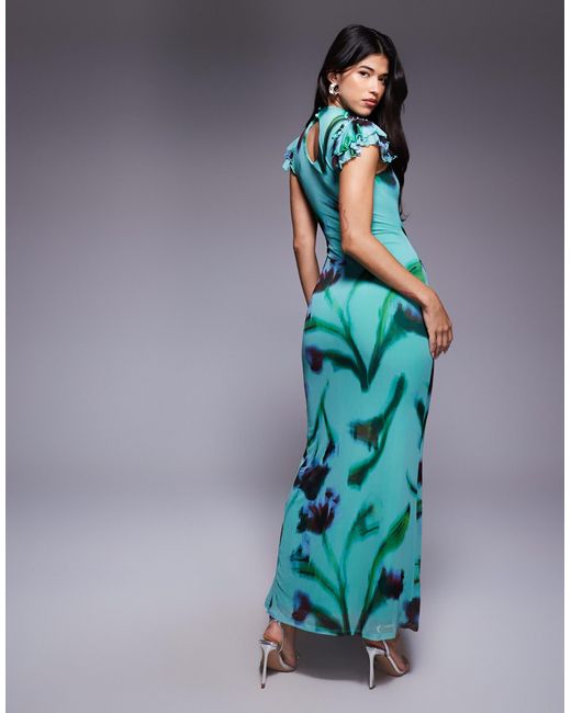 ASOS Blue Ruffle Sleeve High Split Print Mesh Maxi Dress
