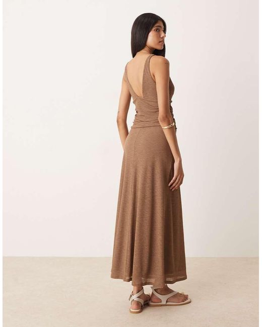 ASOS Natural Mesh Rib Plunge Ruched Waist Maxi Dress