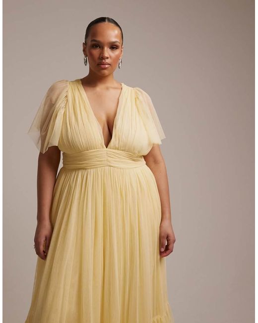 Lace & Beads Plus Natural Bridesmaid Madison Flutter Sleeve Maxi Dress