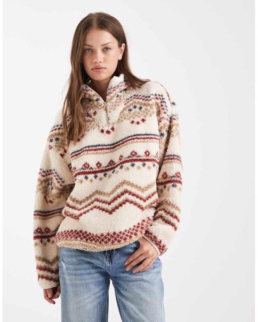 Brave Soul White High Neck Quarter Zip Fleece With Fairisle Print