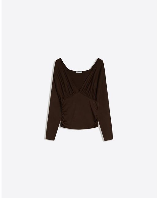 Bershka Black Long Sleeve Ruched T-Shirt