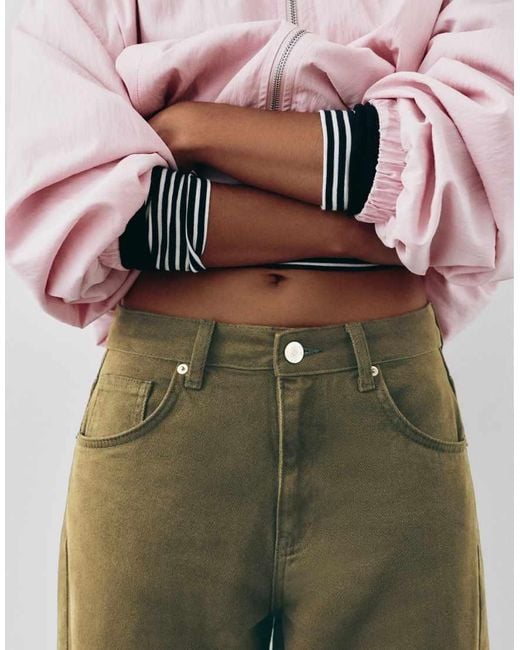Pull&Bear Green Low-Rise Barrel Jeans