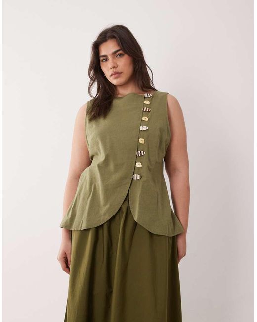 ASOS Green Asos Design Curve Linen Blend Waistcoat Maxi Dress With Poplin Skirt