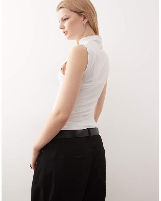 Weekday White Mock Neck Sleeveless Top With Side Button Detailing