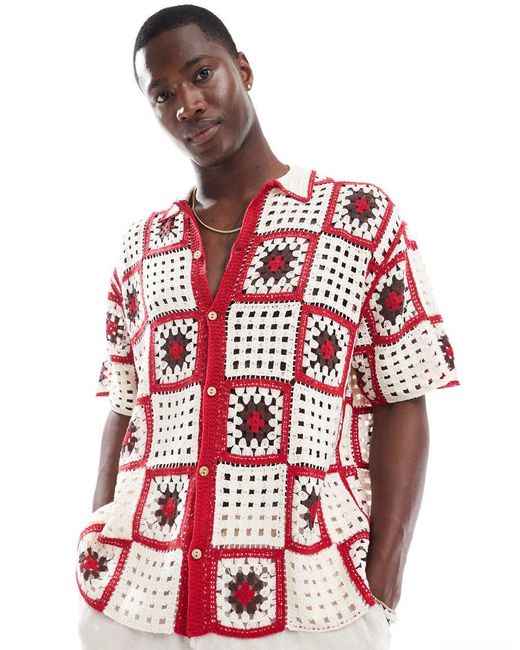 Bershka Red Crochet Knitted Shirt for men