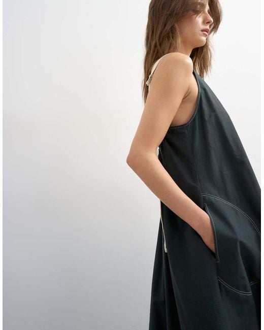 TOPSHOP Black Open Back Buckle Strap Midaxi Sundress With Contrast Topstitching