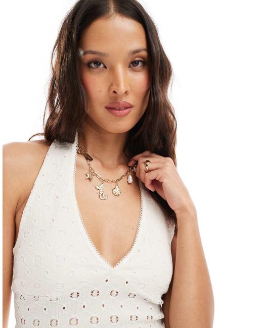 Miss Selfridge White Crochet Jersey V Neck Top