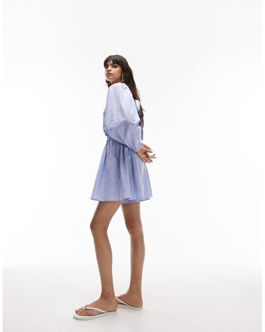 TOPSHOP Blue Elasticated Channel Long Sleeve Playsuit