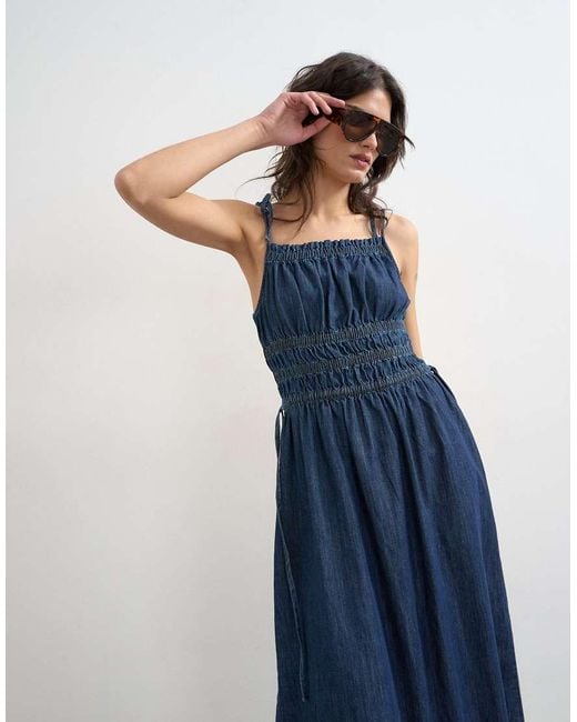 TOPSHOP Blue Denim Shirred Maxi Dress With Straps
