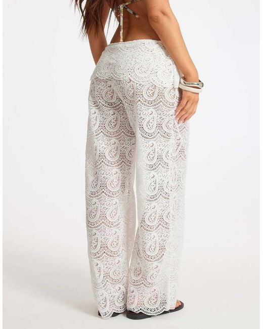Missy Empire White Paisley Crochet Fold Over Straight Leg Trouser