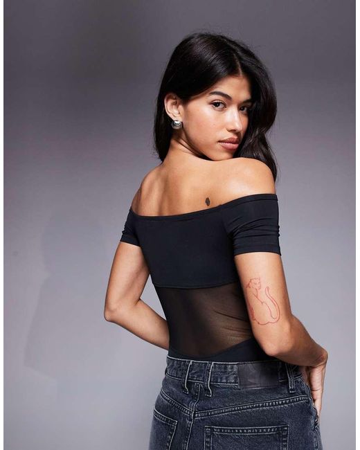ASOS Blue Bardot Slinky Mesh Panel Bodysuit