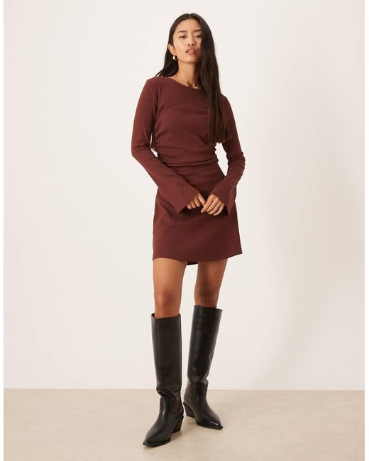 ASOS Natural Ribbed Slash Neck Ruched Side Swing Mini Dress