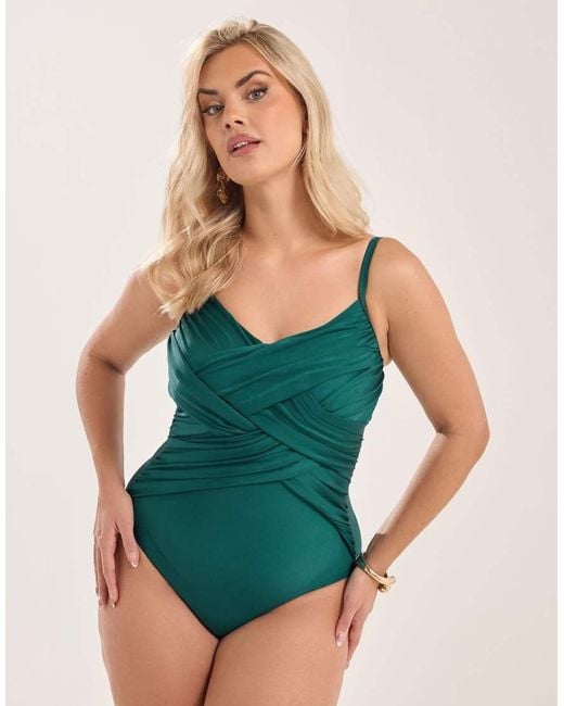 Yours Clothing Green Double Crossover Tummy Control Swimsuit