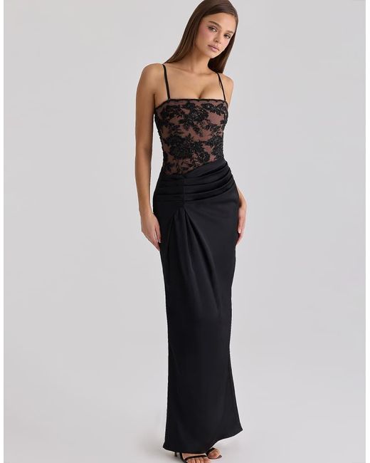 House Of Cb Blue Eliette Embellished Lace + Satin Maxi Dress