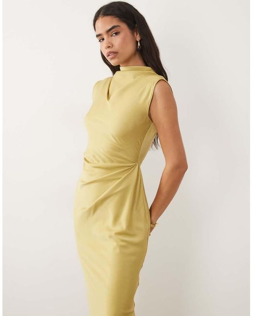ASOS Natural Satin High Neck Pleated Bodice Midi Dress