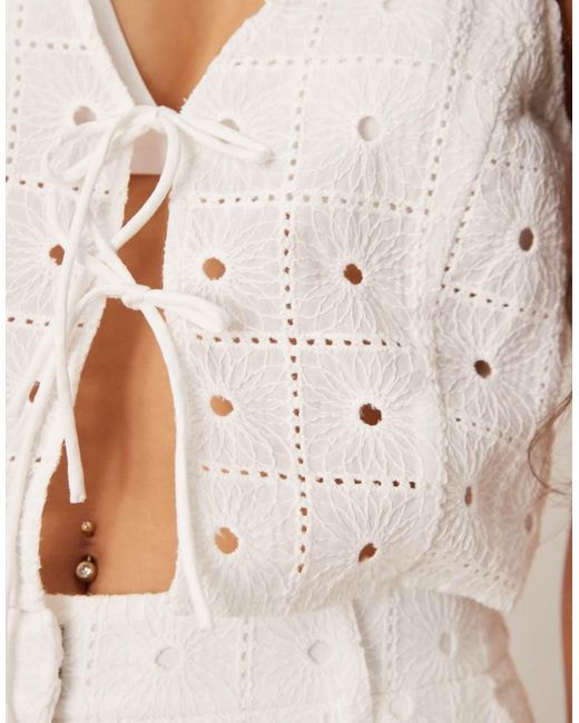 Mango White Cotton Floral Broderie Tie Front Waistcoat Co-ord