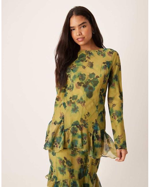 ASOS Green Long Sleeve Ruffle Chiffon Maxi Dress