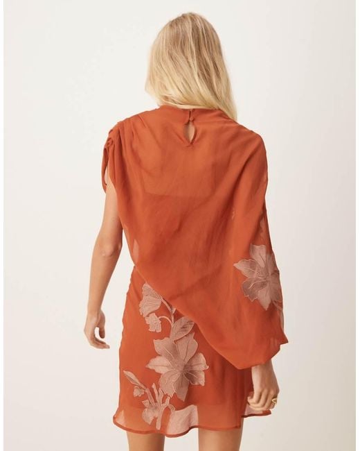 ASOS Orange Tonal Embroidery High Neck Draped Asymmetric Mini Dress With Cut Out
