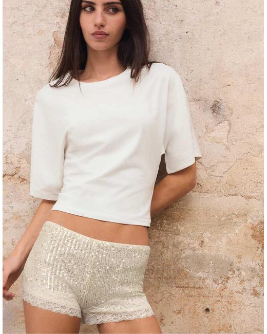 Stradivarius Gray Sequinned Lace Shorts