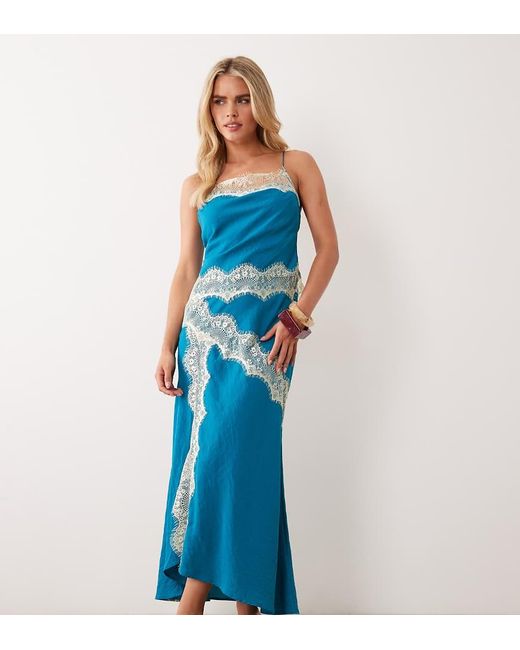 ASOS Blue Asos Design Petite Overlay Lace Trim Midaxi Dress With Back Detail