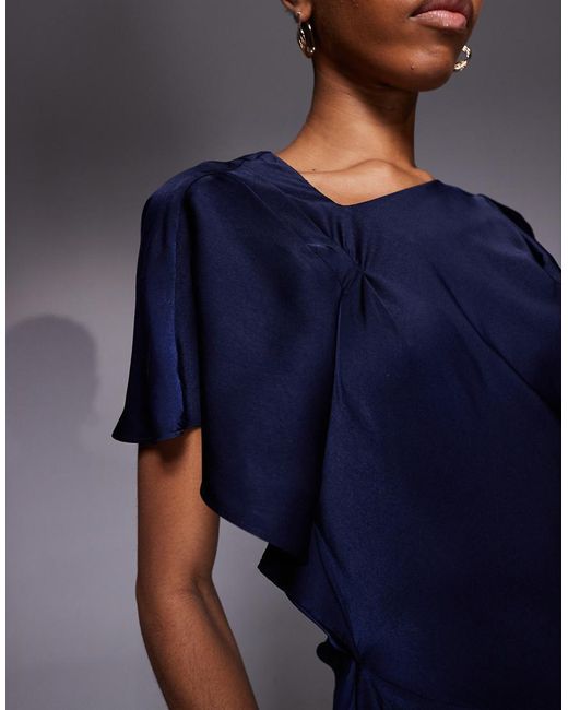 ASOS Blue Asos Design Tall Satin Asymmetric Neckline Maxi Dress With Pleat Shoulder And Skirt Detail
