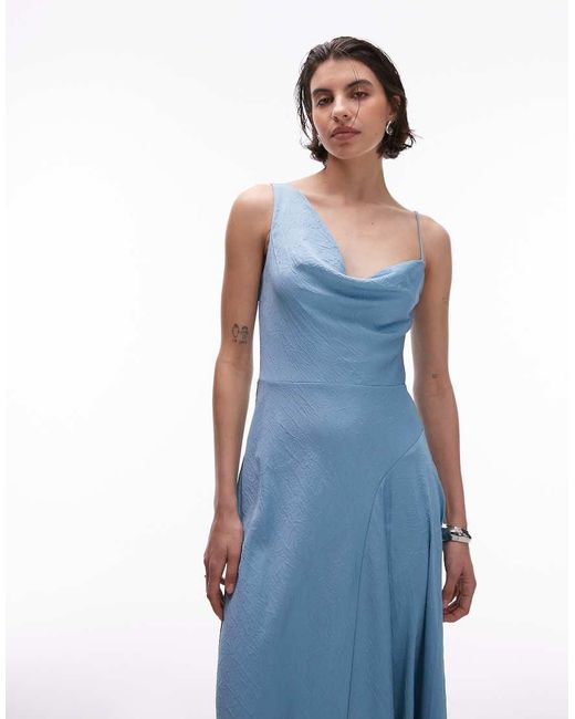 Mango Blue One Shoulder Satin Midi Dress