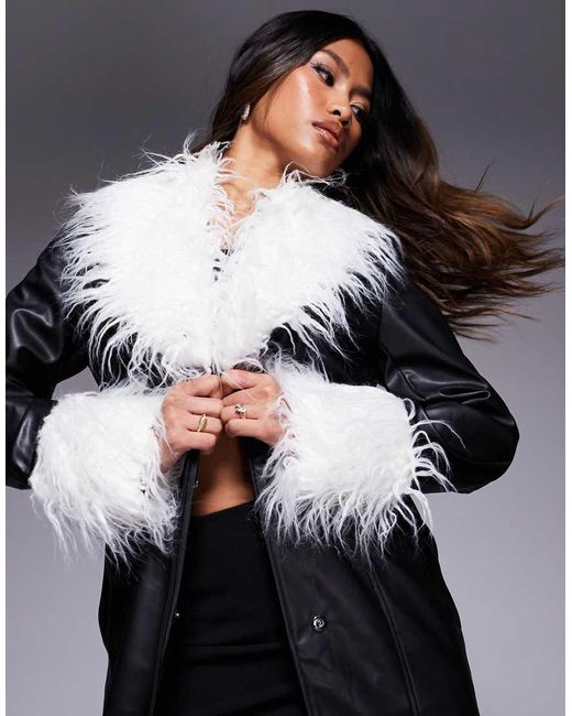 In The Style White Leather Look Trench Coat With Faux Fur Trims