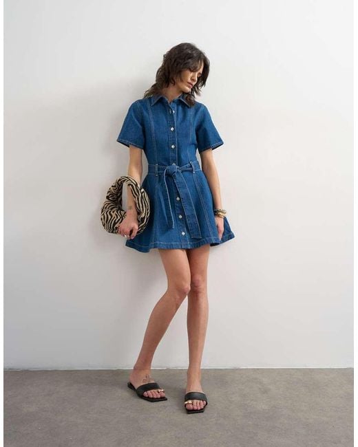 TOPSHOP Blue Denim Short Sleeve Belted Mini Dress