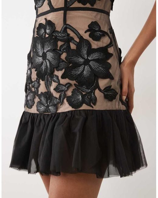 JW PEI Black Lace Floral V-neck Ruffle Hem Cami Mini Dress