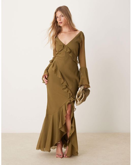 ASOS V Neck Long Sleeve Ruffle Maxi Dress With Cut Out Back in Natural ...
