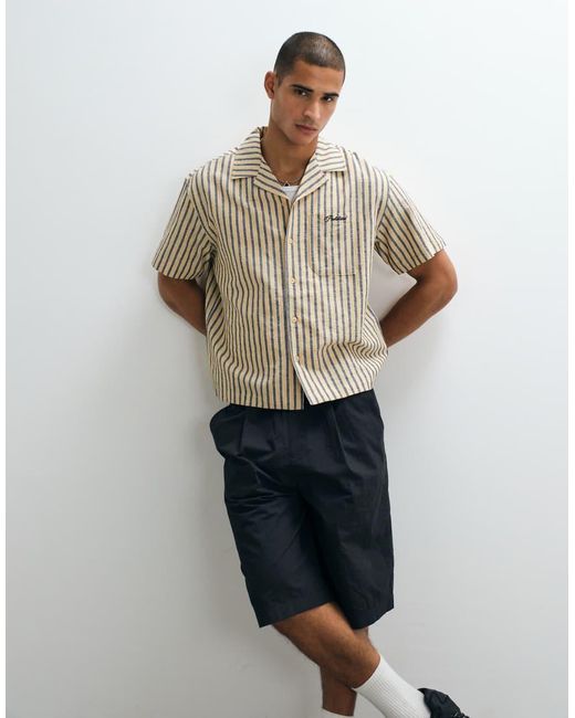 Prohibited Blue Short Sleeve Revere Collar Stripe Linen Mix Shirt for men