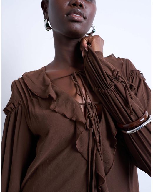 Robe courte à coutures ondulées et manches poète - café TOPSHOP en coloris Brown