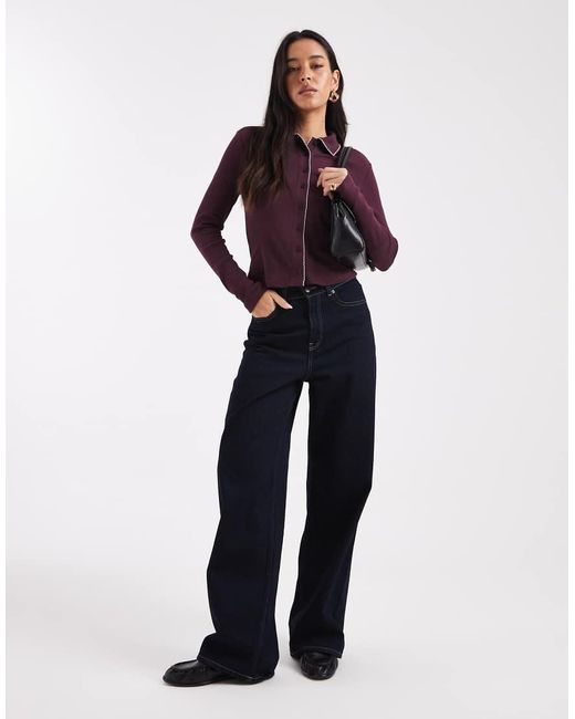 Miss Selfridge Purple Button Though Rib Shirt With Blanket Stitch Detail