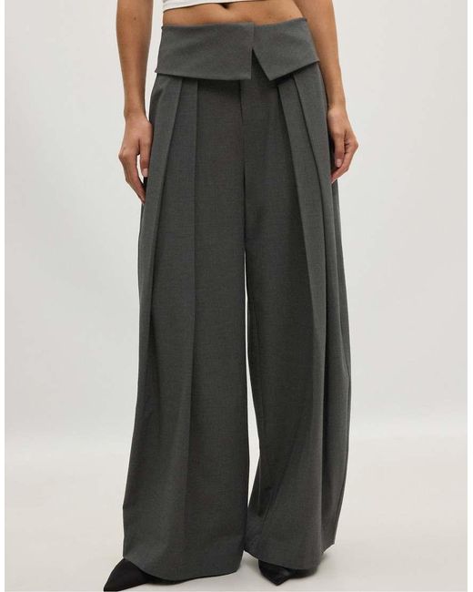 Stradivarius Gray Wide-Leg Trousers With Turned-Up Waistband