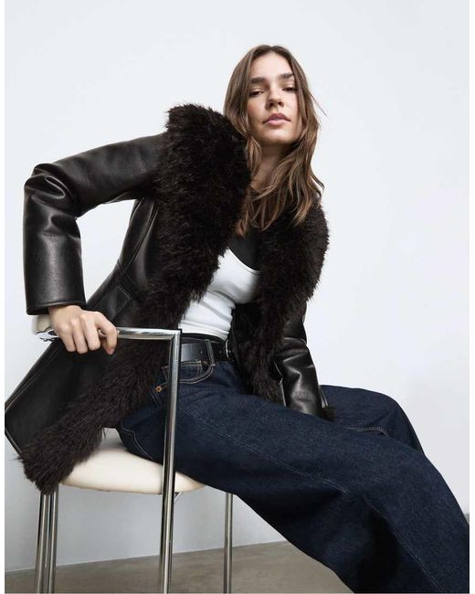 Stradivarius Black Mid-length Leather Effect Coat With Long Faux Fur