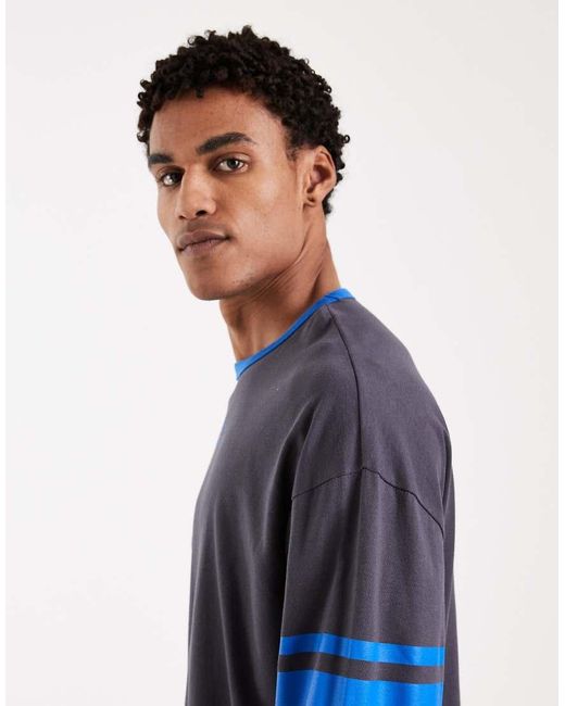 ASOS Blue Oversized Long Sleeve T-Shirt With Print And Contrast Collar for men