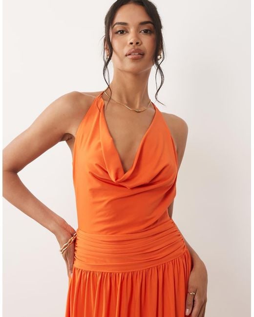 TFNC London Red Slinky Cami Halter Full Skirt Maxi Dress