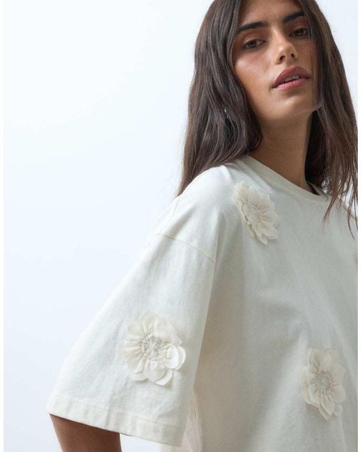 Miss Selfridge Blue Cropped Boxy T-shirt With 3d Flowers