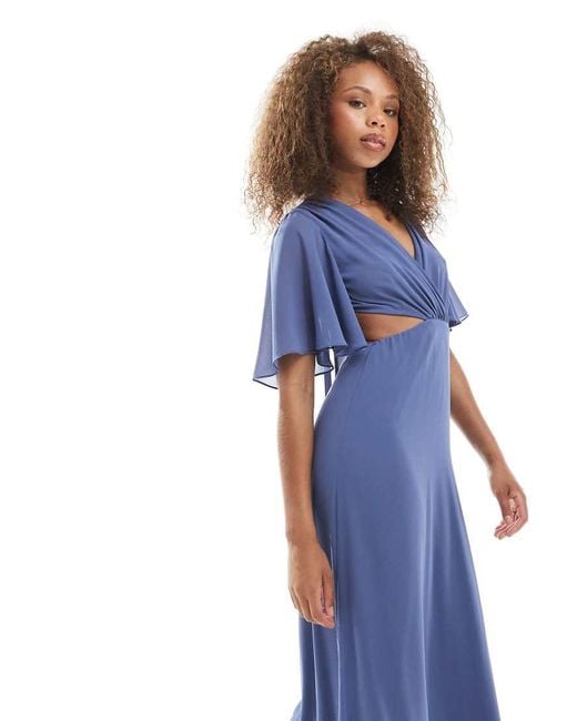 TFNC London Blue Bridesmaids Flare Sleeve Cut-out Maxi Dress With Bow Back