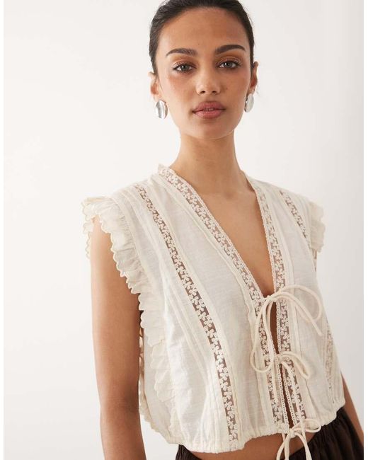 Mango Natural Cotton Mix Tie Front Frill Detail Blouse
