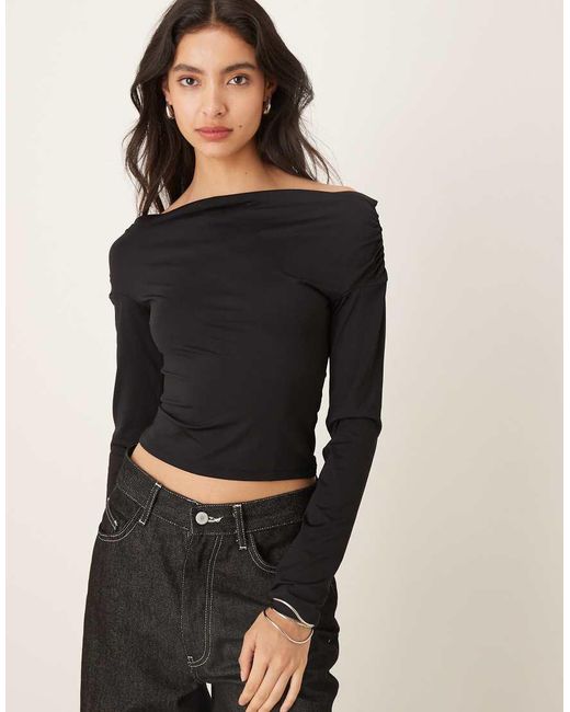 Gina Tricot Black Slinky Jersey Off Shoulder Long Sleeve Top