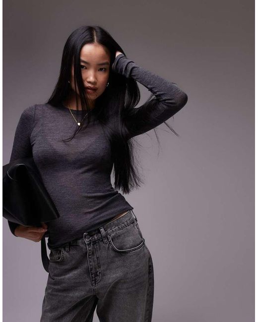 ARKET Gray Merino Wool Knitted Semi Sheer Long Sleeve Top