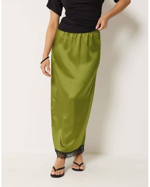 PixieGirl Green Petite Lace Hem Satin Maxi Skirt