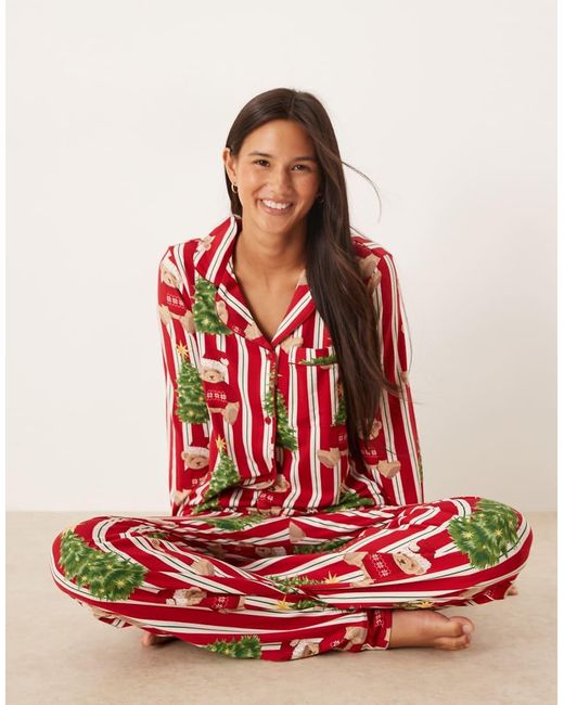 Chelsea Peers Red His & Hers Poly Long Sleeve Camp Collar Pajama Set