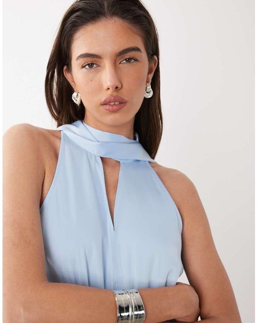 Y.A.S White High Neck Scarf Detail Satin Drapey Midi Dress