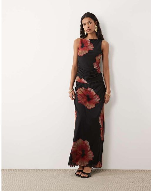 Jdy Black Sleeveless Ruched Mesh Top With Floral Print