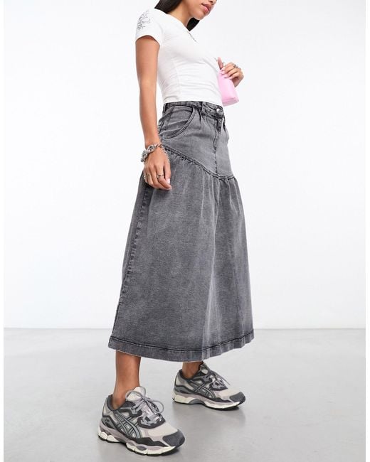Native Youth Gray Tiered Denim Maxi Skirt