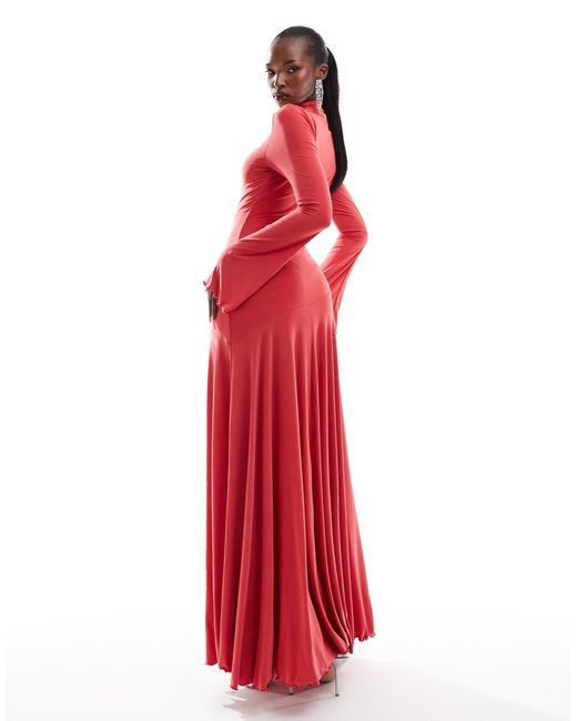 Robe trapèze longue à manches longues et col montant - corail ASOS en coloris Red
