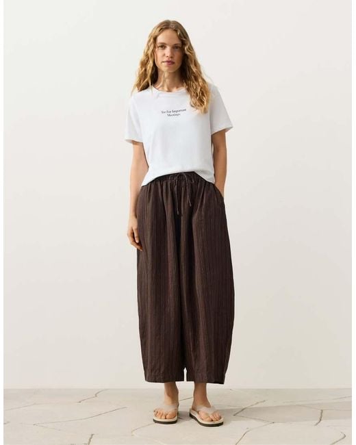 Oysho Brown Striped 100% Linen Balloon Trousers