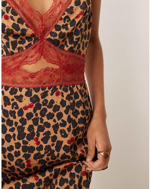 Never Fully Dressed Natural Mimi Satin Red Lace Trim Cut Out Midaxi Dress Cherry -multi
